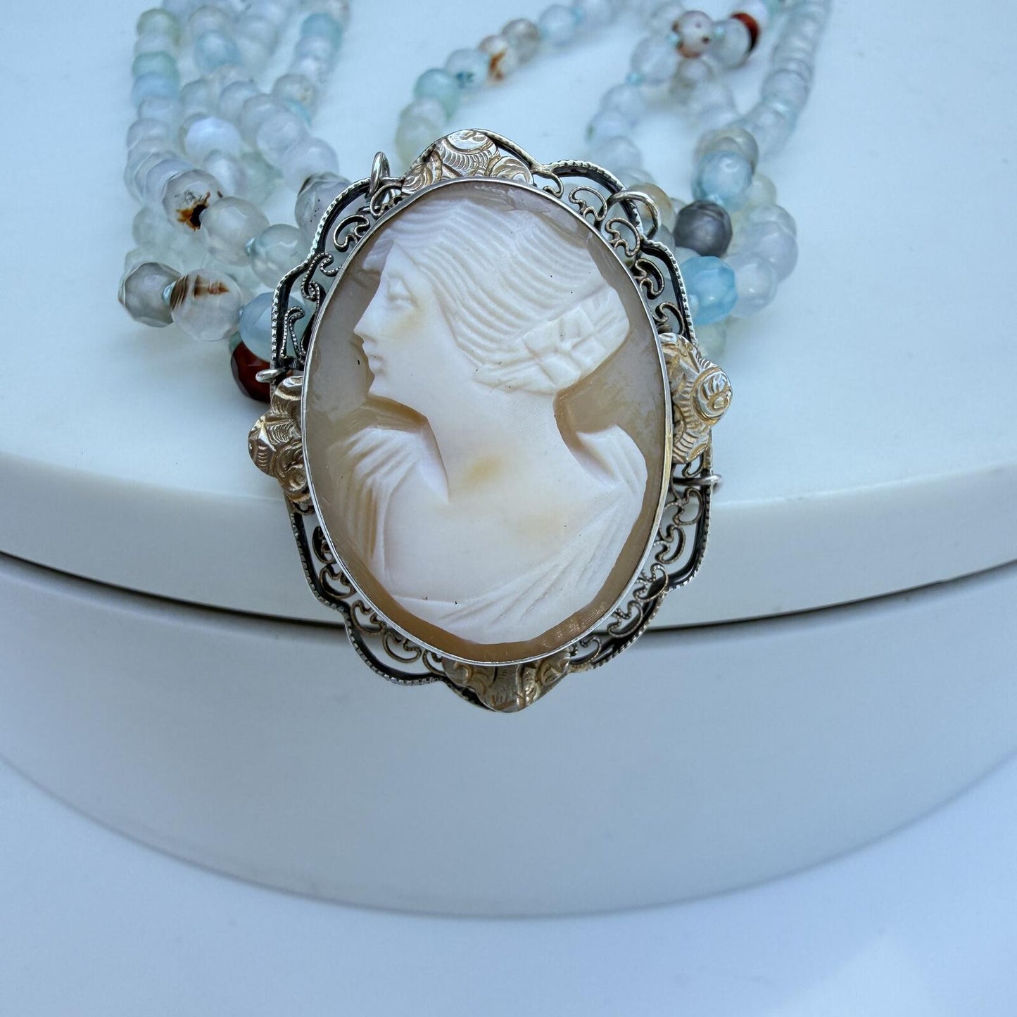 Vintage Cameo Necklace with Aqua Gemstone Strands |Sterling Silver Pendant.