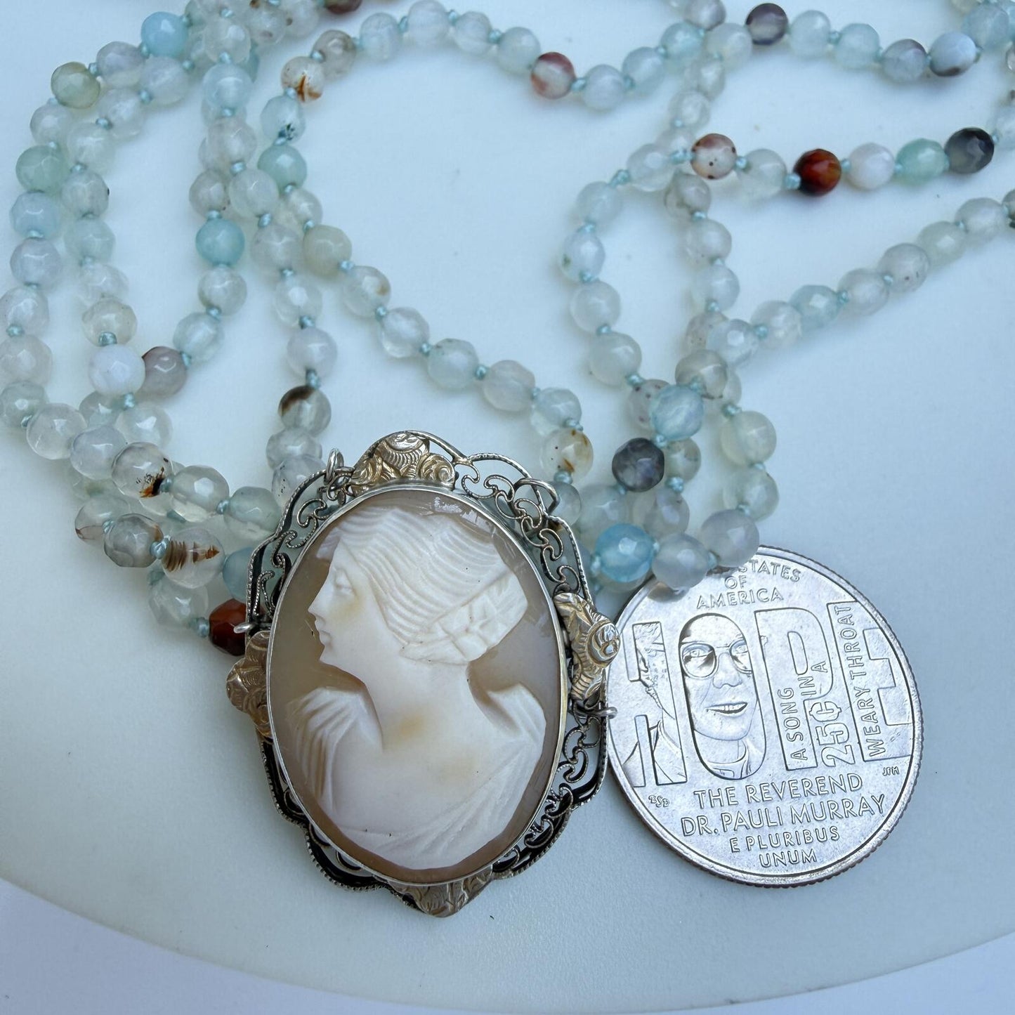 Vintage Cameo Necklace with Aqua Gemstone Strands |Sterling Silver Pendant.