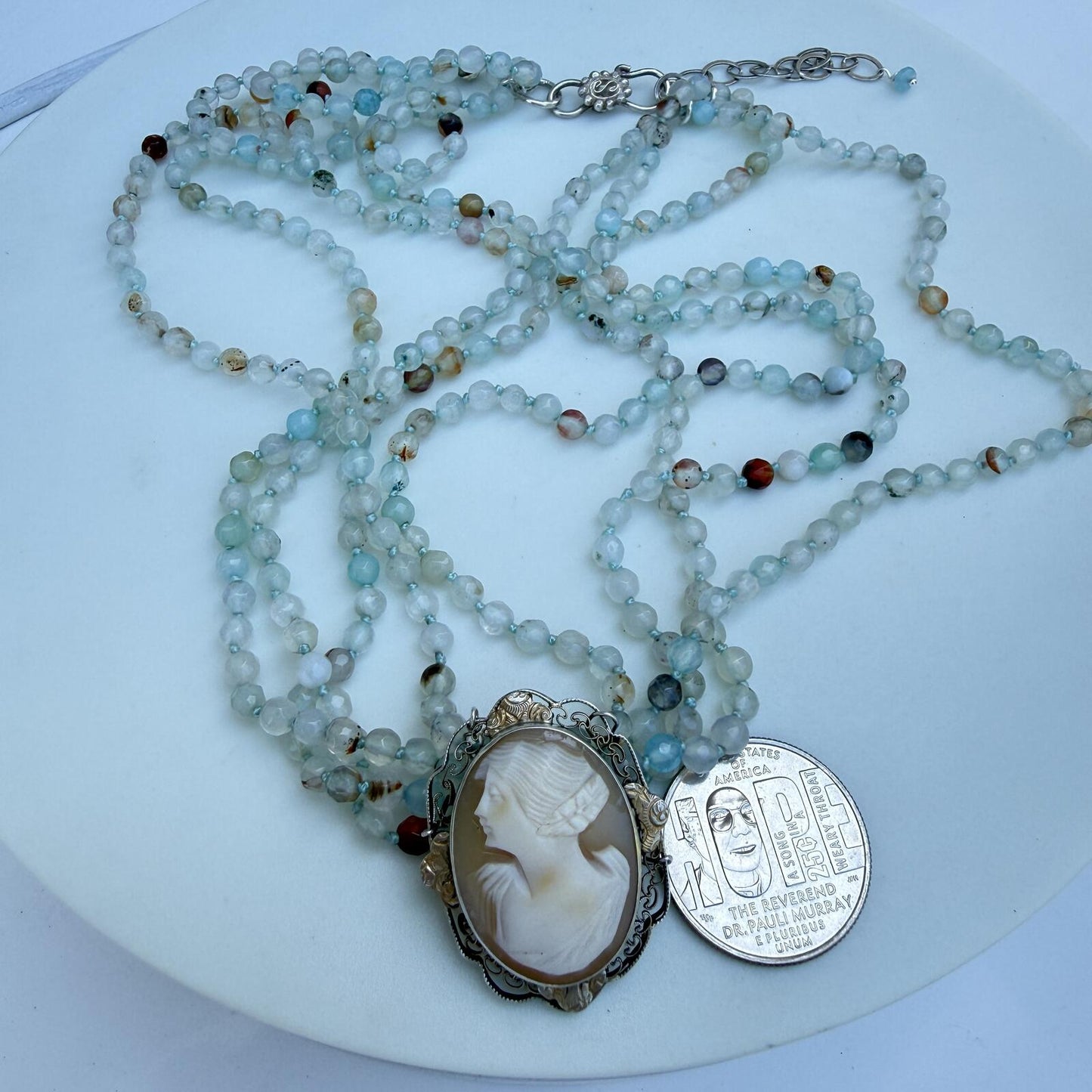 Vintage Cameo Necklace with Aqua Gemstone Strands |Sterling Silver Pendant.