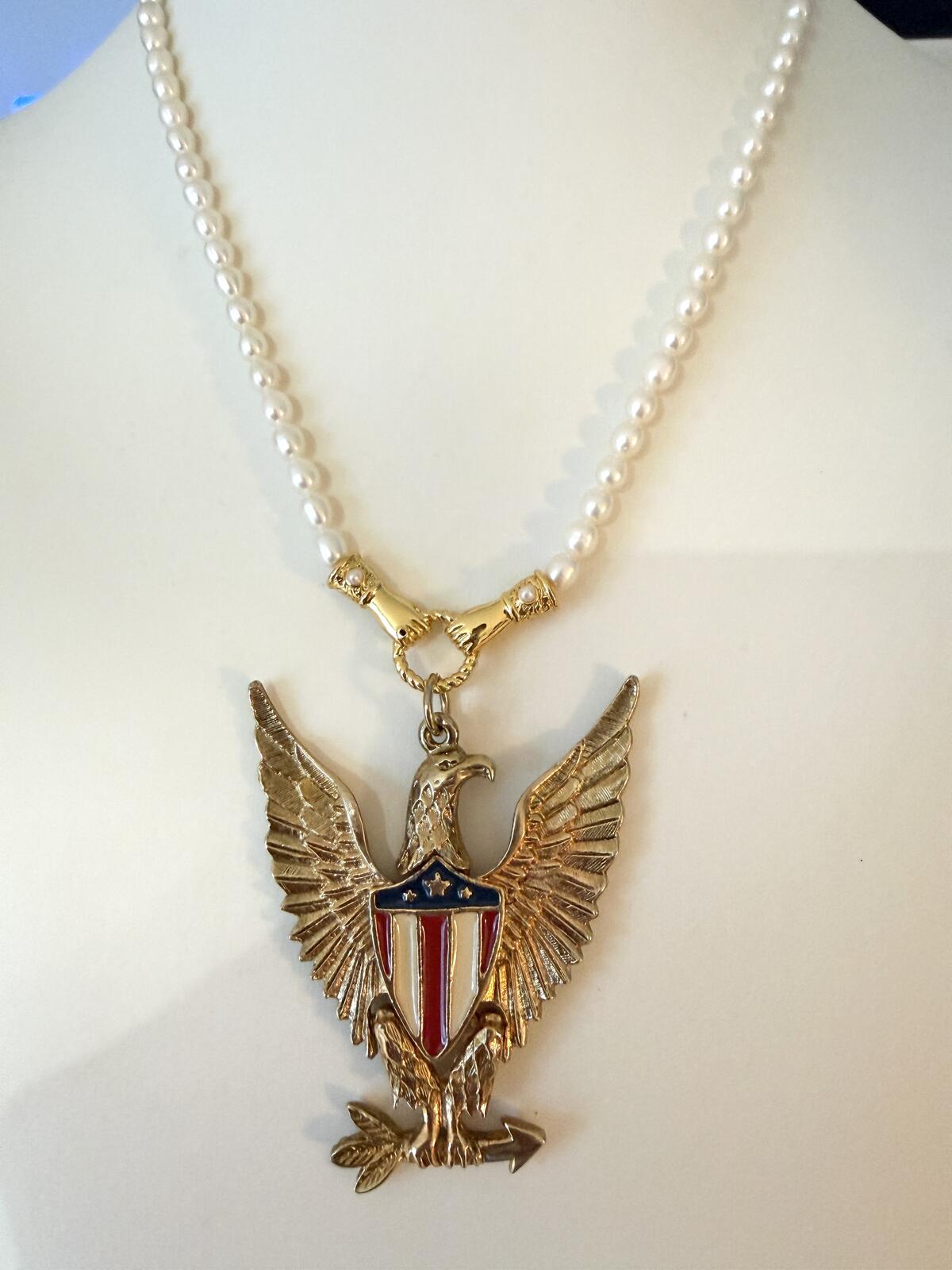 Vintage Patriotic American Eagle Pendant. Freshwater Pearl Necklace