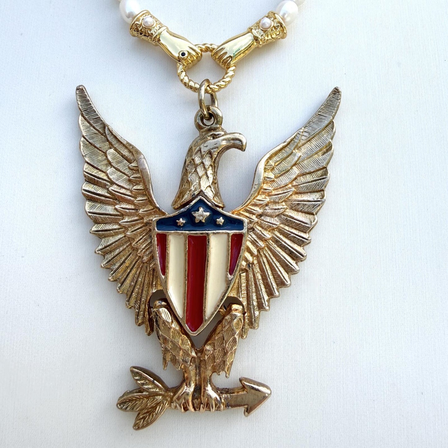 Vintage Patriotic American Eagle Pendant. Freshwater Pearl Necklace