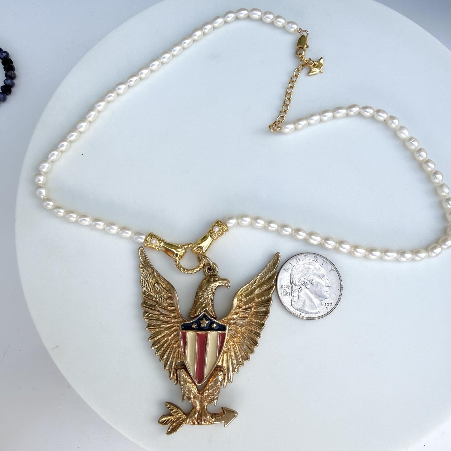 Vintage Patriotic American Eagle Pendant. Freshwater Pearl Necklace