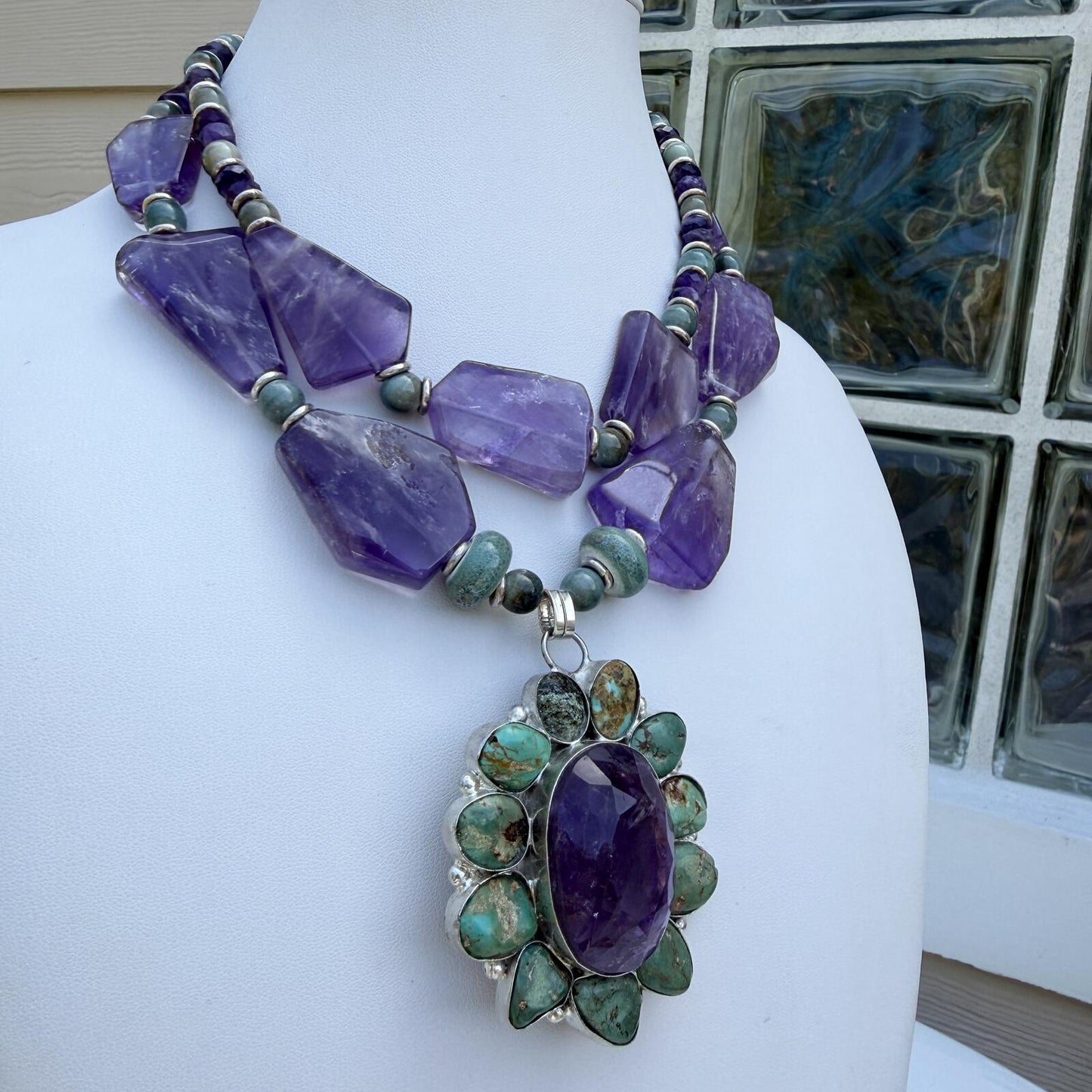 Amethyst, Turquoise and Ceramic  Handmade Statement Necklace.