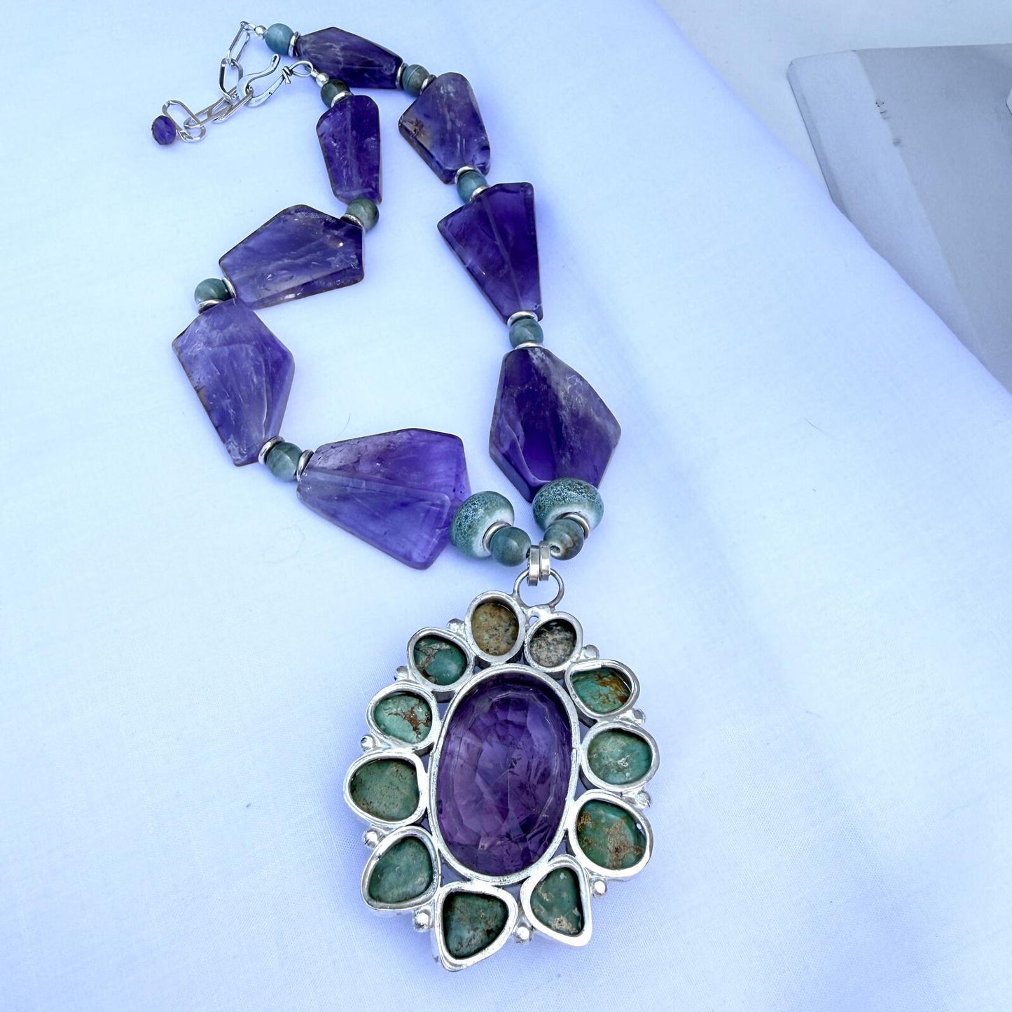 Amethyst, Turquoise and Ceramic  Handmade Statement Necklace.
