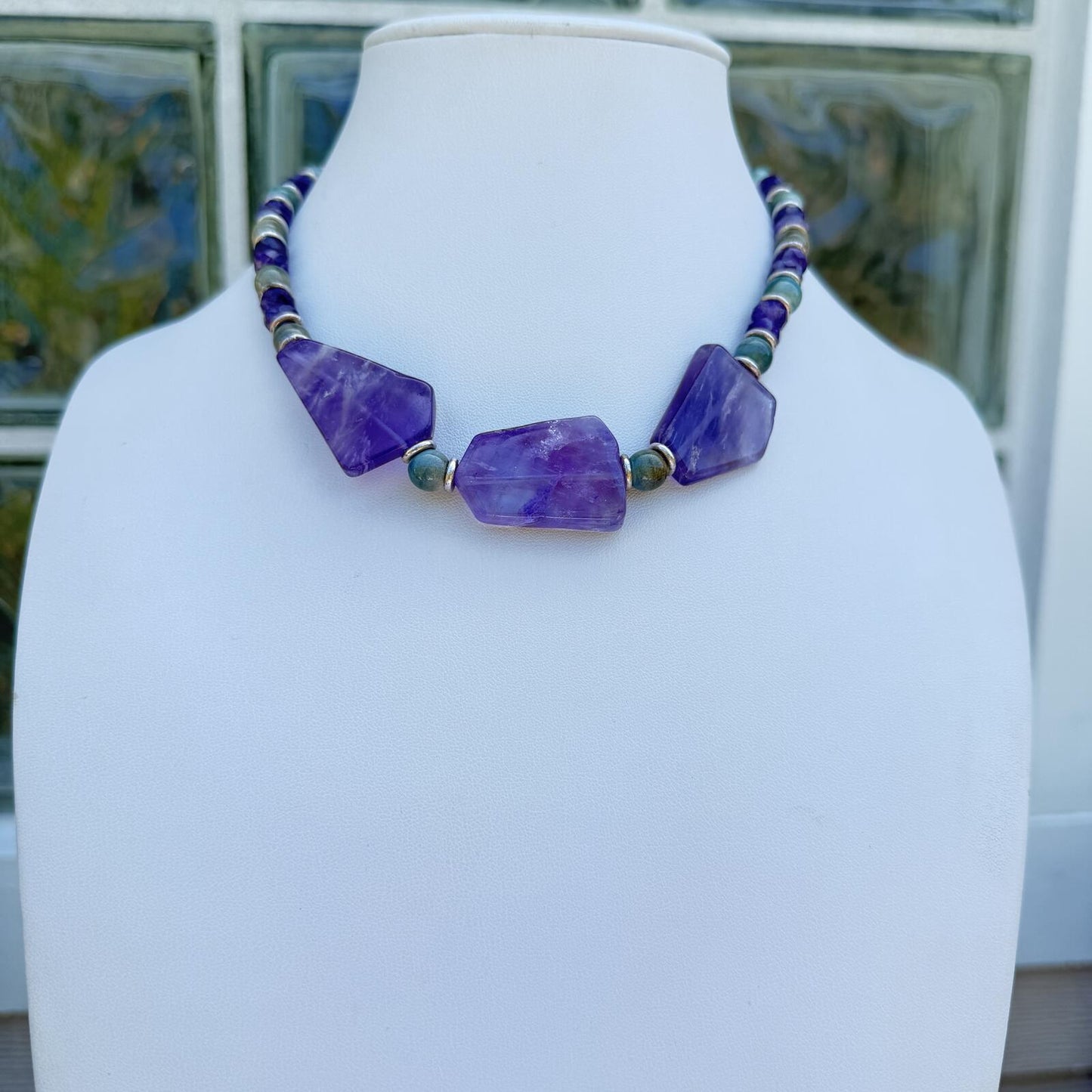 Amethyst, Turquoise and Ceramic  Handmade Statement Necklace.