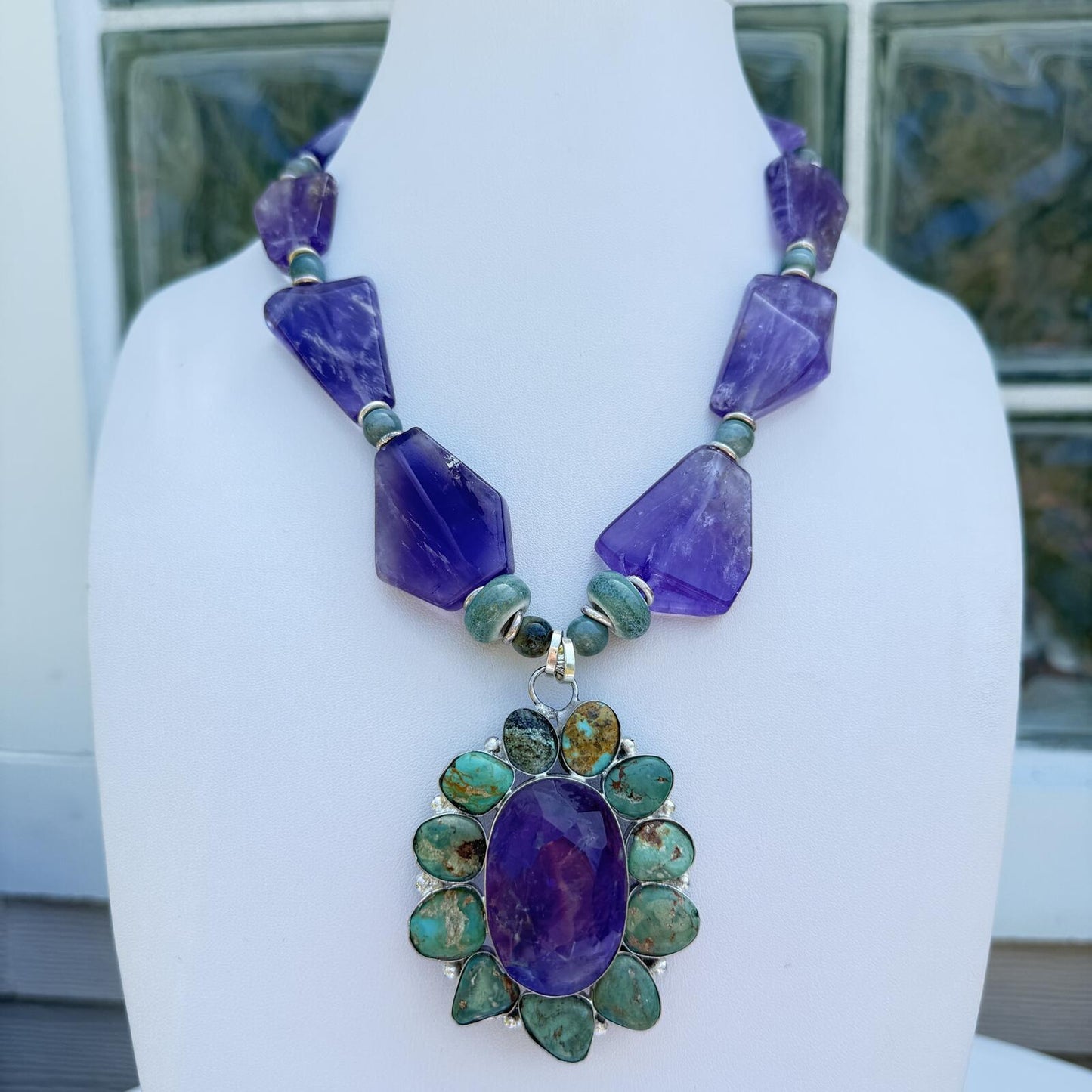 Amethyst, Turquoise and Ceramic  Handmade Statement Necklace.