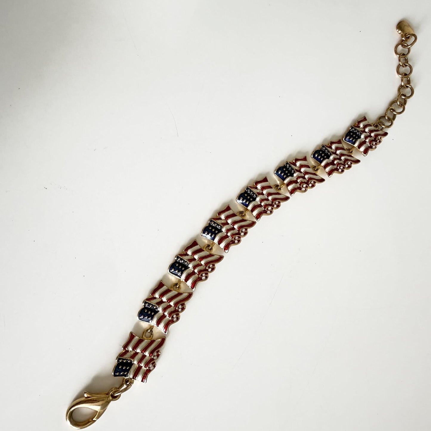 Vintage Patriotic American Flag Bracelet | Red White Blue Enamel Link Bracelet.