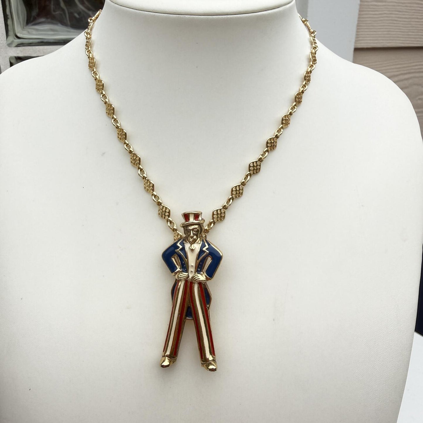 Vintage Uncle Sam Necklace. Patriotic Statement Pendant Red White Blue Enamel