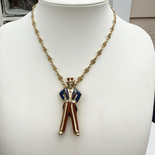Vintage Uncle Sam Necklace. Patriotic Statement Pendant Red White Blue Enamel