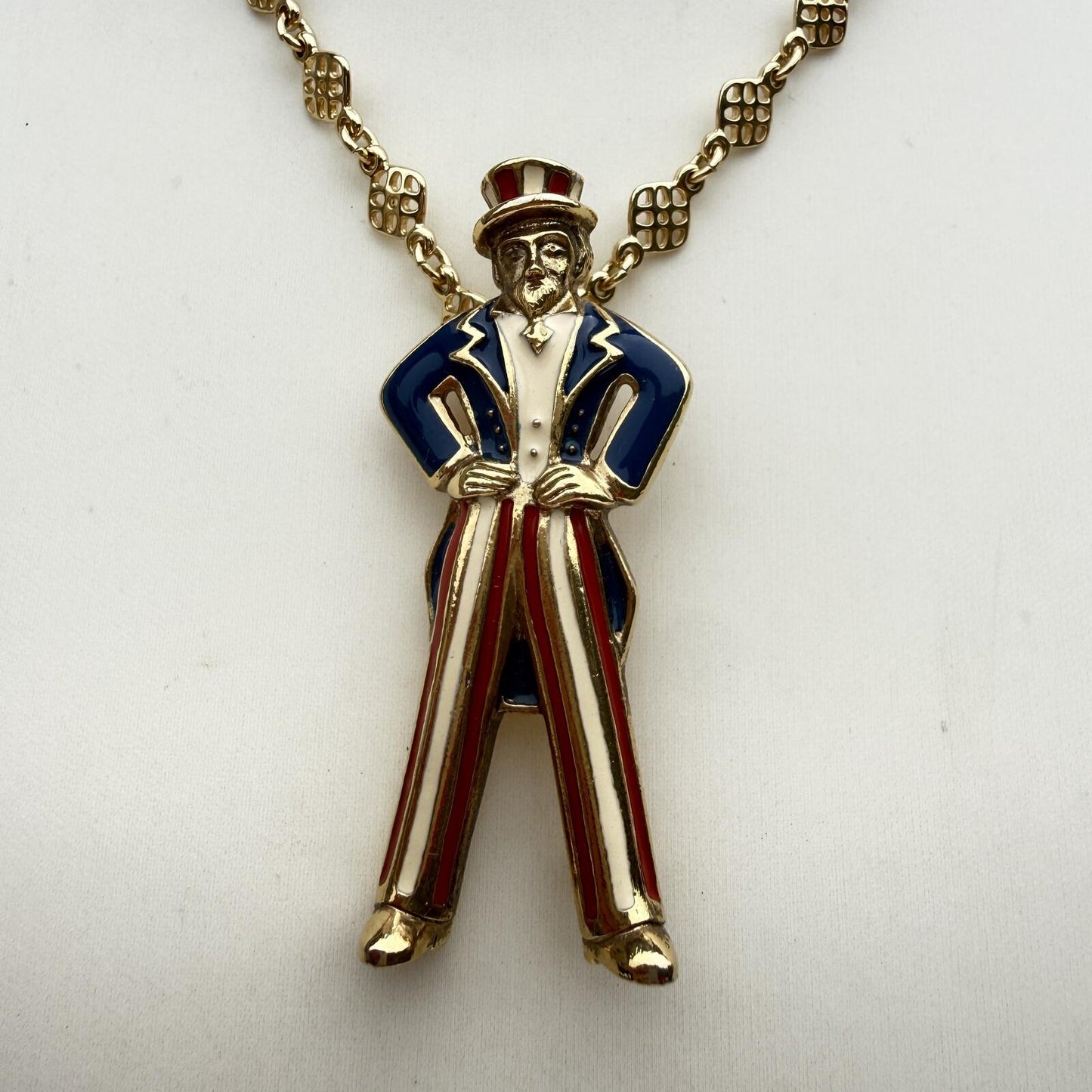 Vintage Uncle Sam Necklace. Patriotic Statement Pendant Red White Blue Enamel