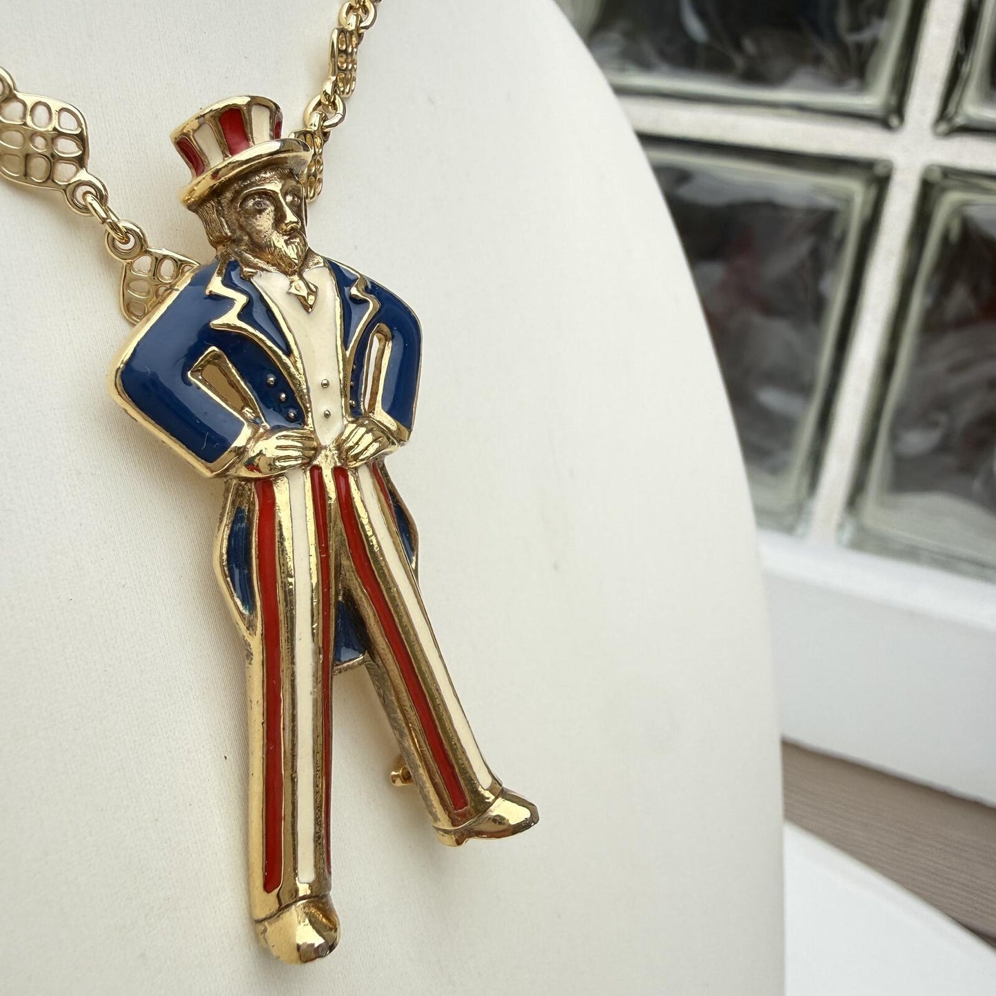 Vintage Uncle Sam Necklace. Patriotic Statement Pendant Red White Blue Enamel