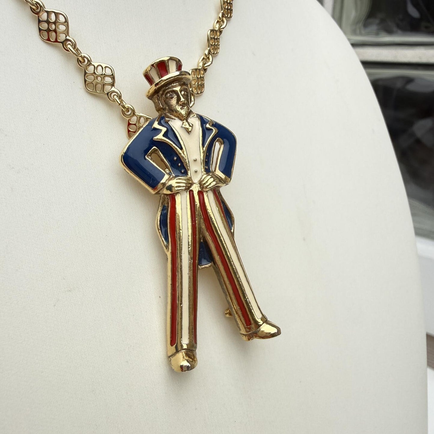 Vintage Uncle Sam Necklace. Patriotic Statement Pendant Red White Blue Enamel