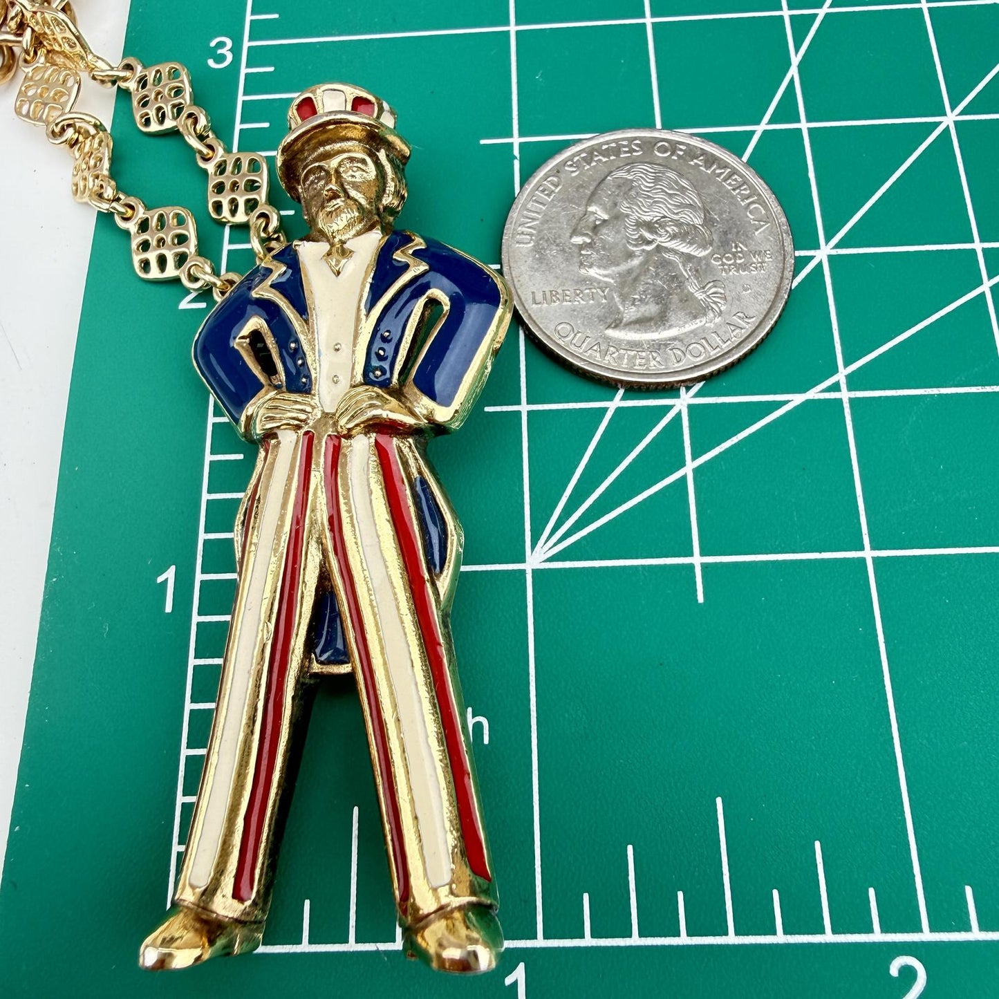 Vintage Uncle Sam Necklace. Patriotic Statement Pendant Red White Blue Enamel