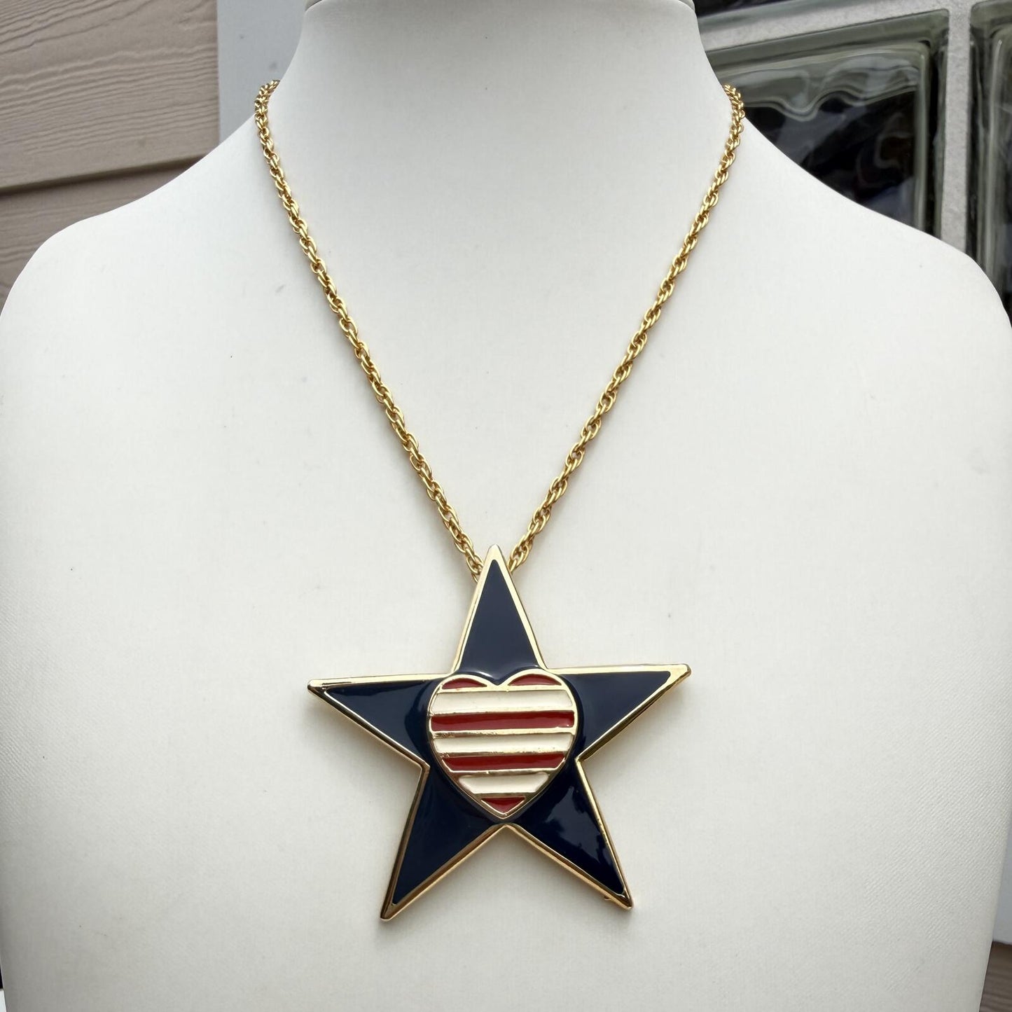 Vintage Signed Rion Patriotic Necklace. Red White Blue Heart and Star.
