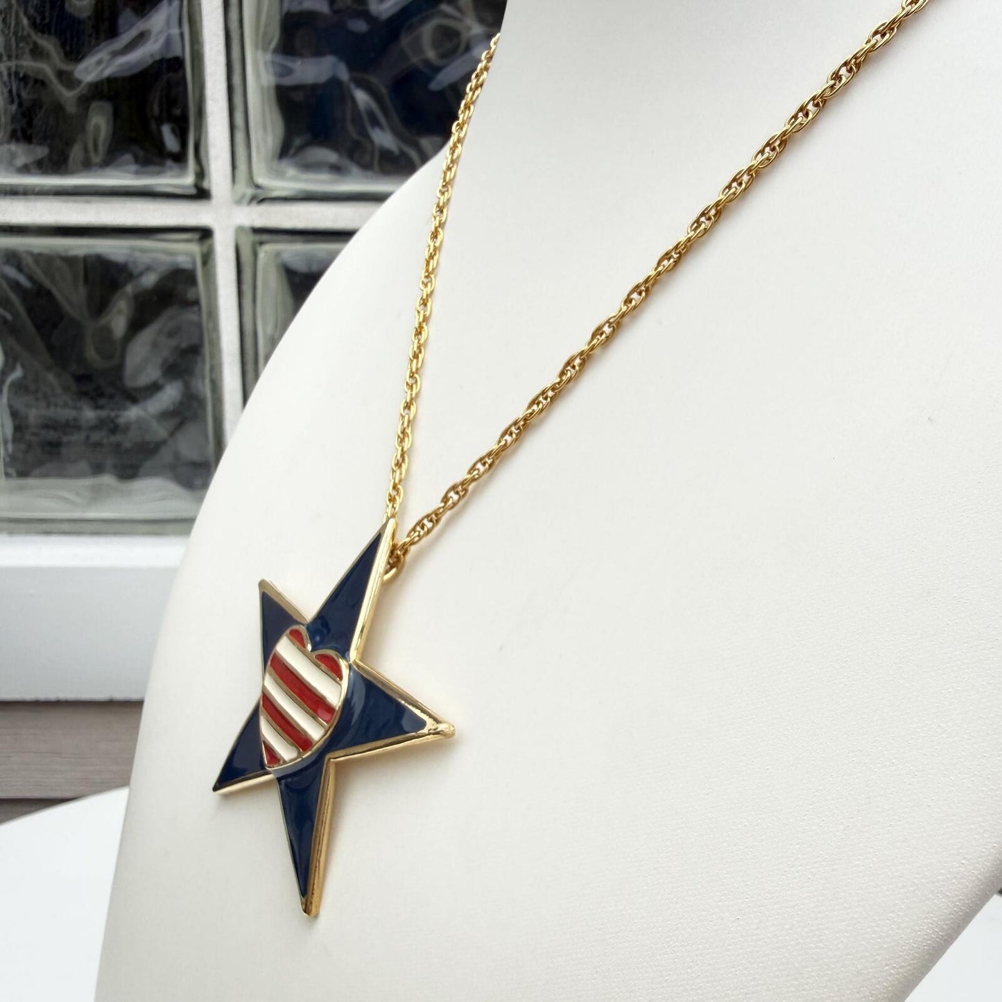 Vintage Signed Rion Patriotic Necklace. Red White Blue Heart and Star.