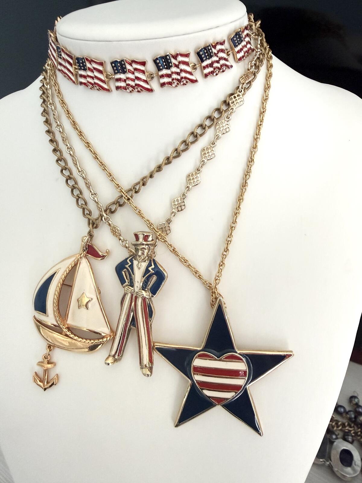 Vintage Signed Rion Patriotic Necklace. Red White Blue Heart and Star.