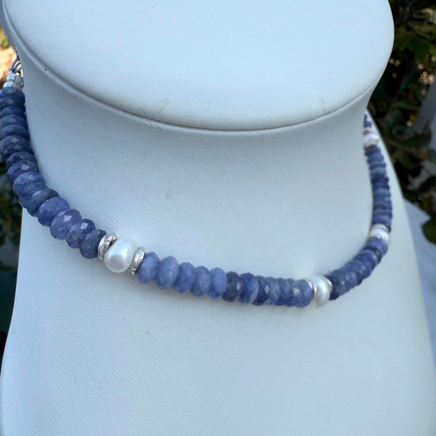 Tanzanite and baroque pearl necklace with sterling silver accents, handmade.
