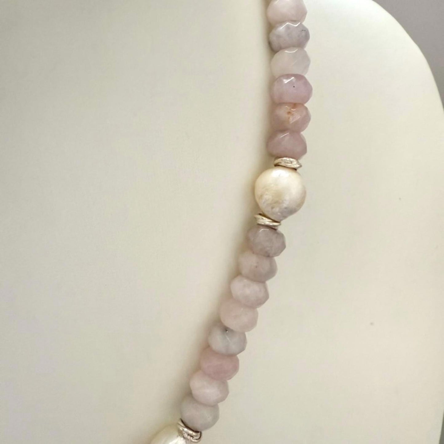 Vintage Sterling Silver Puffy Heart Necklace with Rose Quartz & Baroque Pearls.