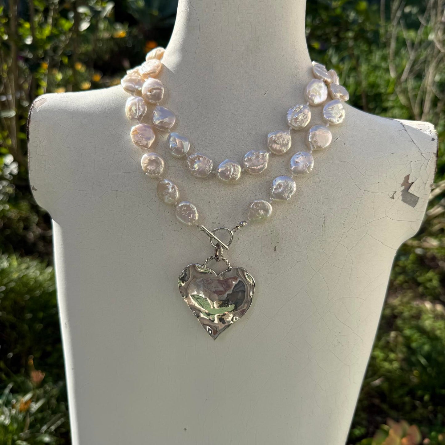 Hand-Knotted Freshwater Coin Pearl Necklace with Vintage Silver Heart.