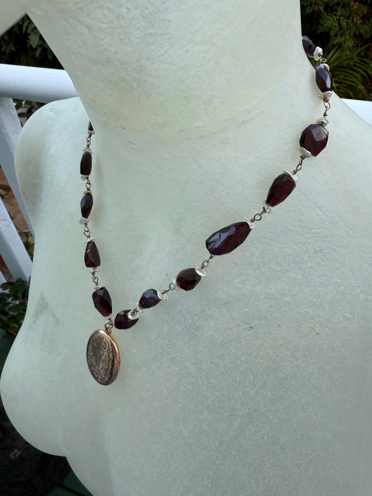 Vintage Locket. Garnet Nuggets Freshwater Pearl Necklace.