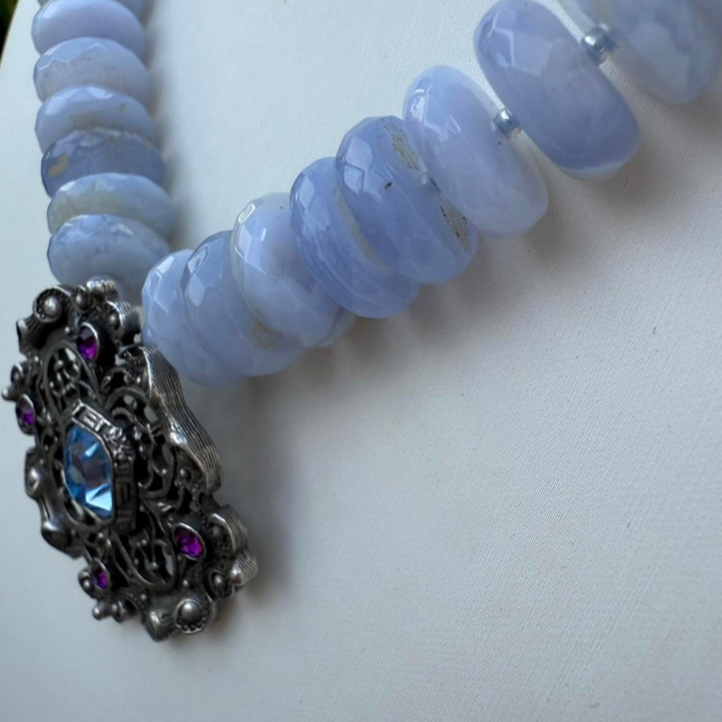 Statement Blue Lace Agate Necklace. Vintage Converted Pendant | Handmade Jewelry