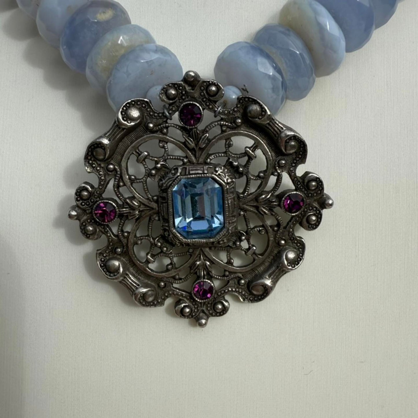 Statement Blue Lace Agate Necklace. Vintage Converted Pendant | Handmade Jewelry