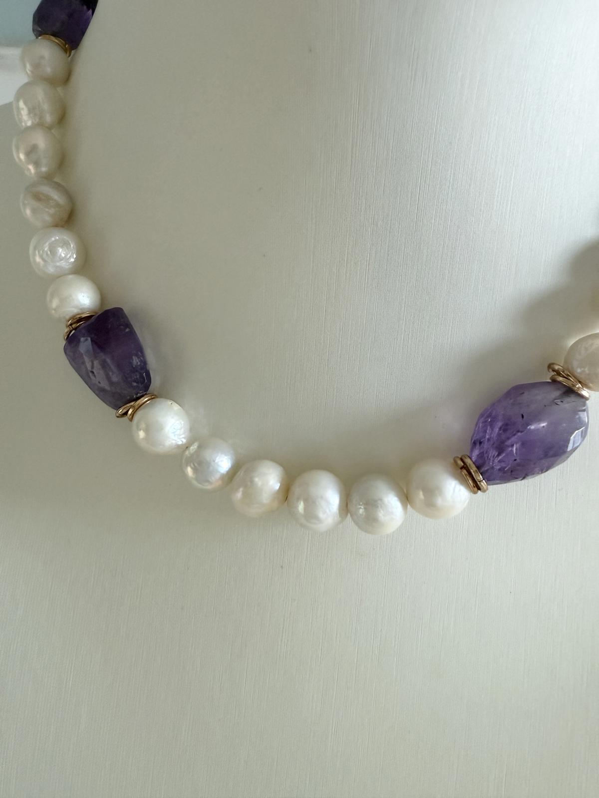 Amethyst Baroque Pearl Necklace with Gold-Tone Accents. Handmade.