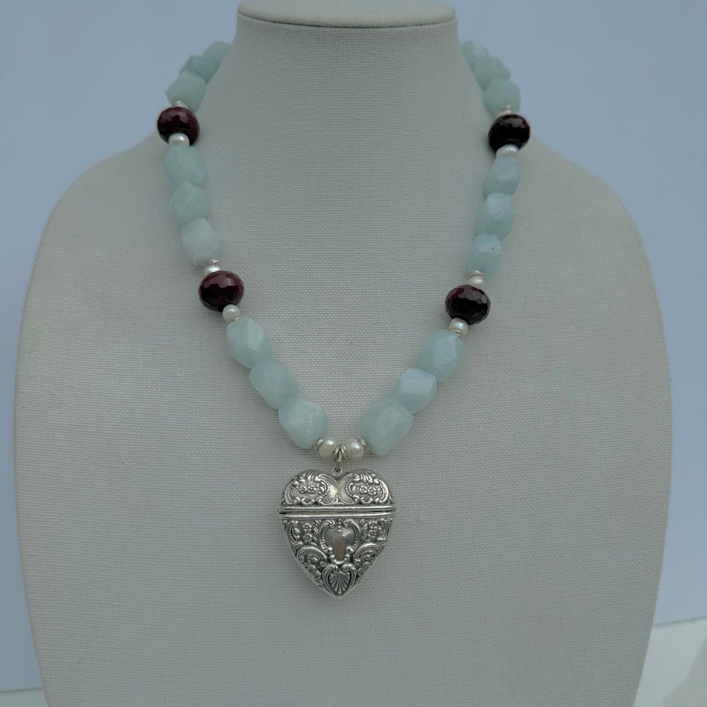 Vintage Sterling Silver Heart Locket Necklace. Aquamarine  Ruby Pearl Necklace.
