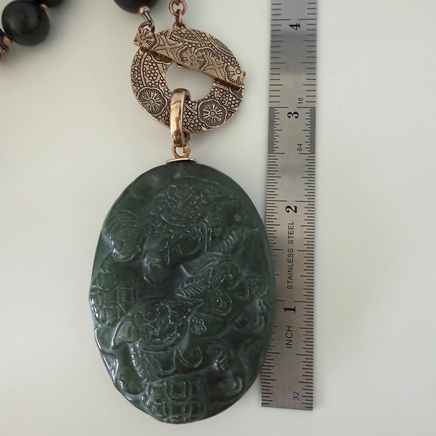 Vintage Green Jadeite Carved Necklace, Signed AKR. Removable Enhancer Pendant.