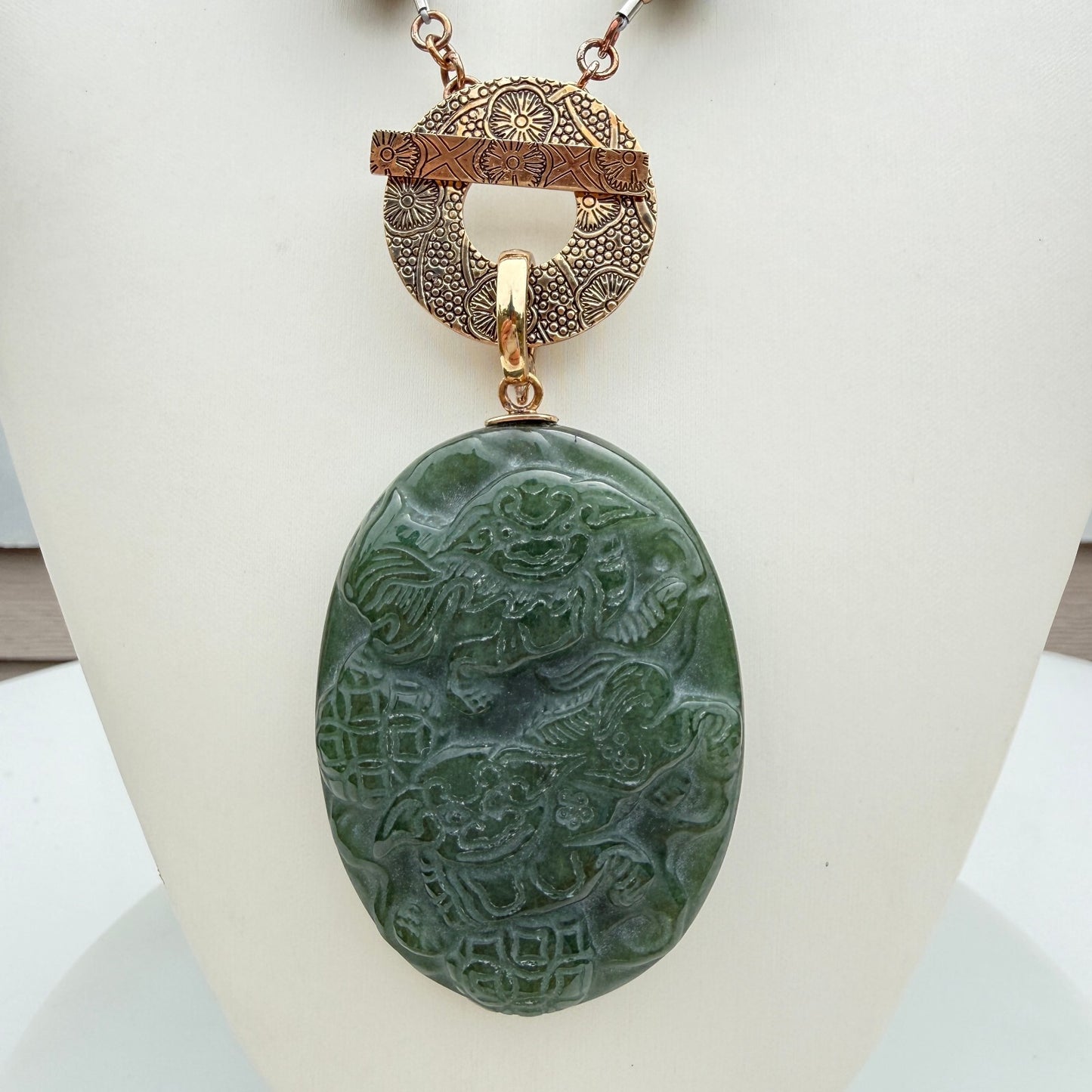 Vintage Green Jadeite Carved Necklace, Signed AKR. Removable Enhancer Pendant.