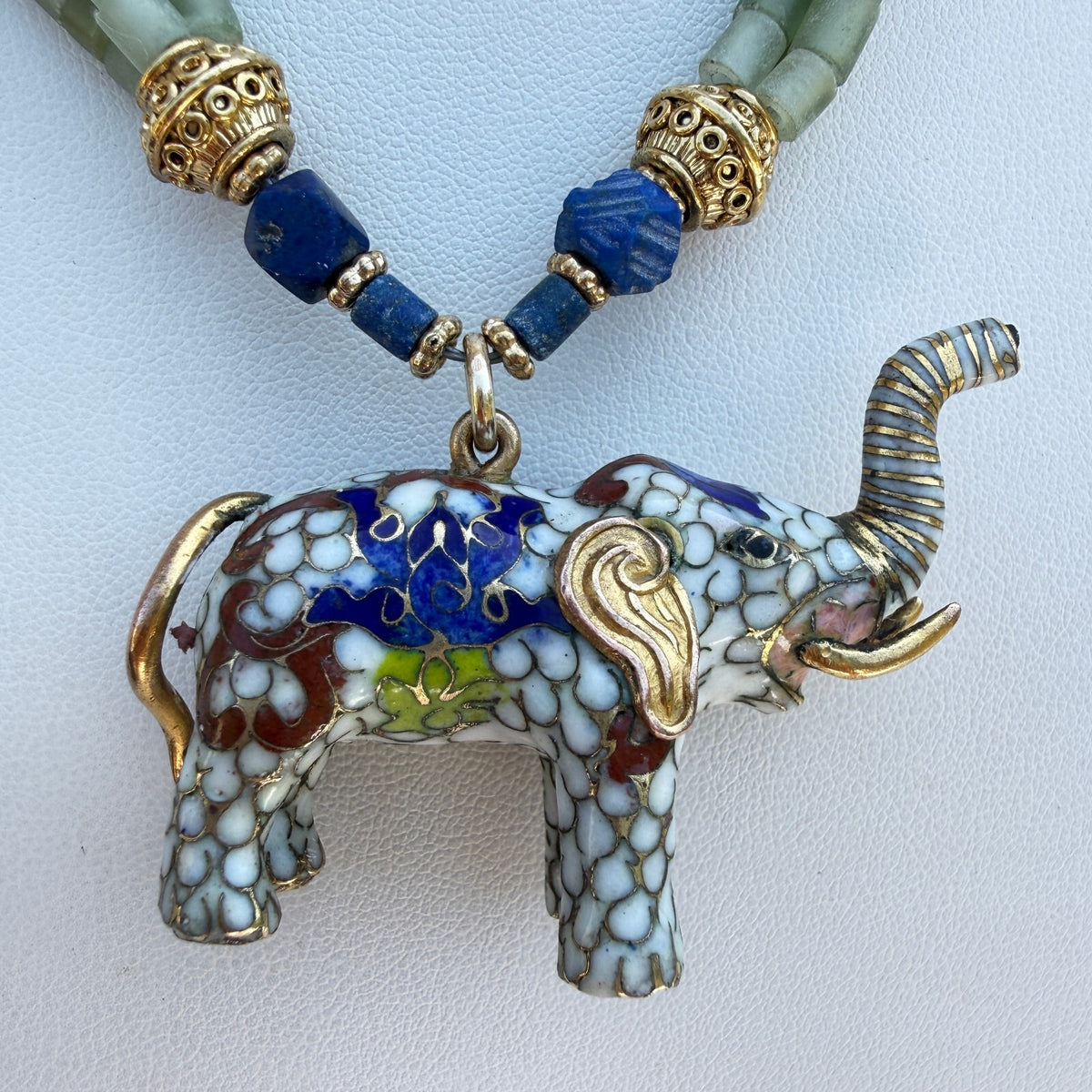 Vintage Cloisonné Elephant. Handmade Necklace, Green Onyx Lapis Lazuli.