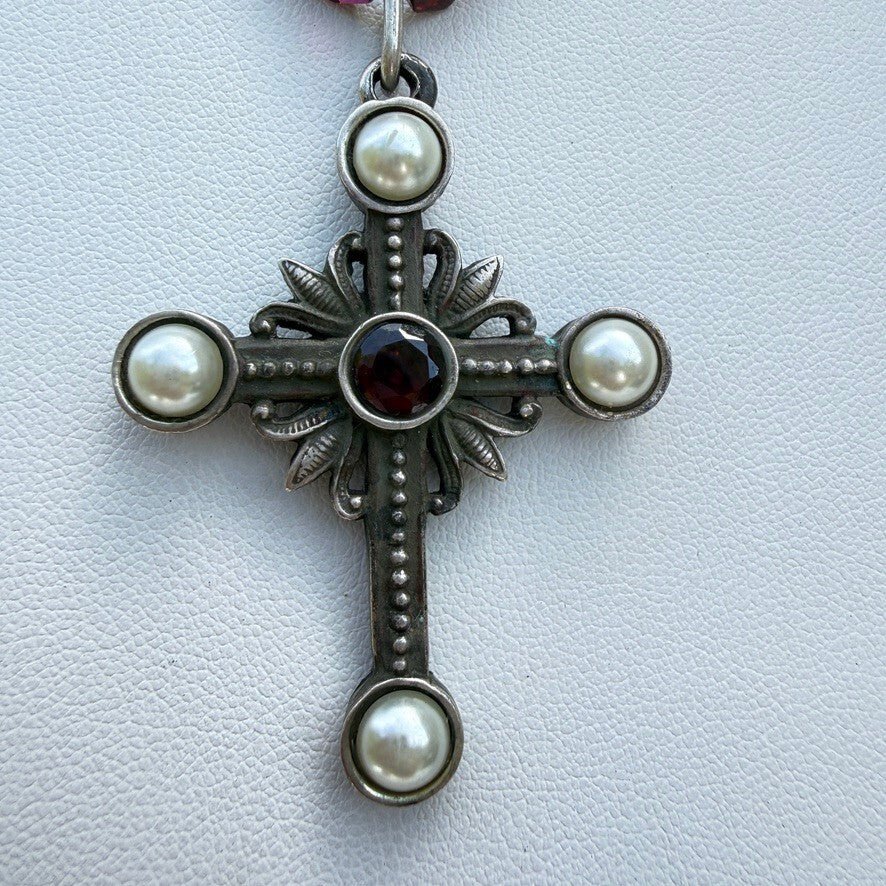 Vintage Austro-Hungarian Sterling Silver Garnet Cross Necklace.