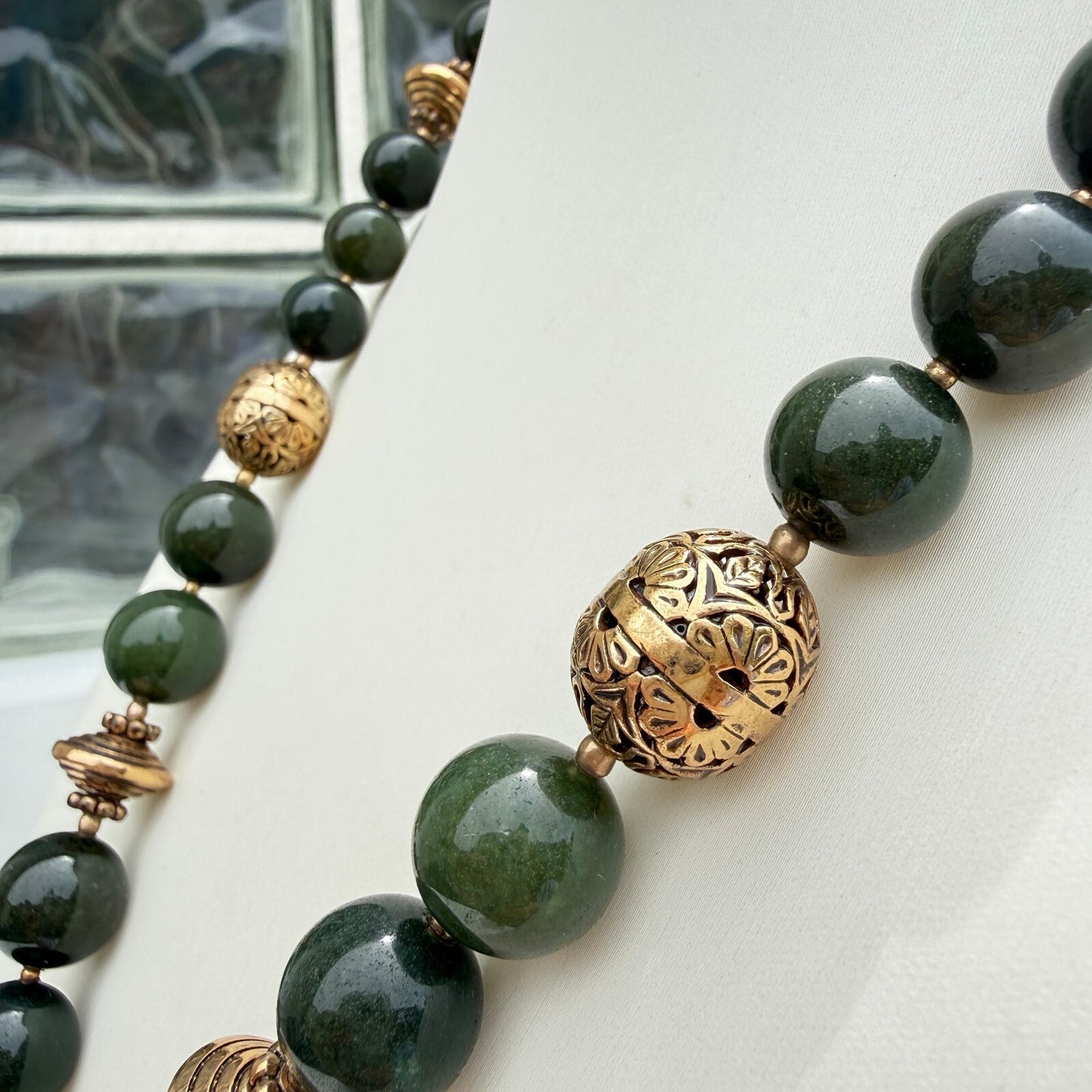Vintage Green Jadeite Carved Necklace, Signed AKR. Removable Enhancer Pendant.
