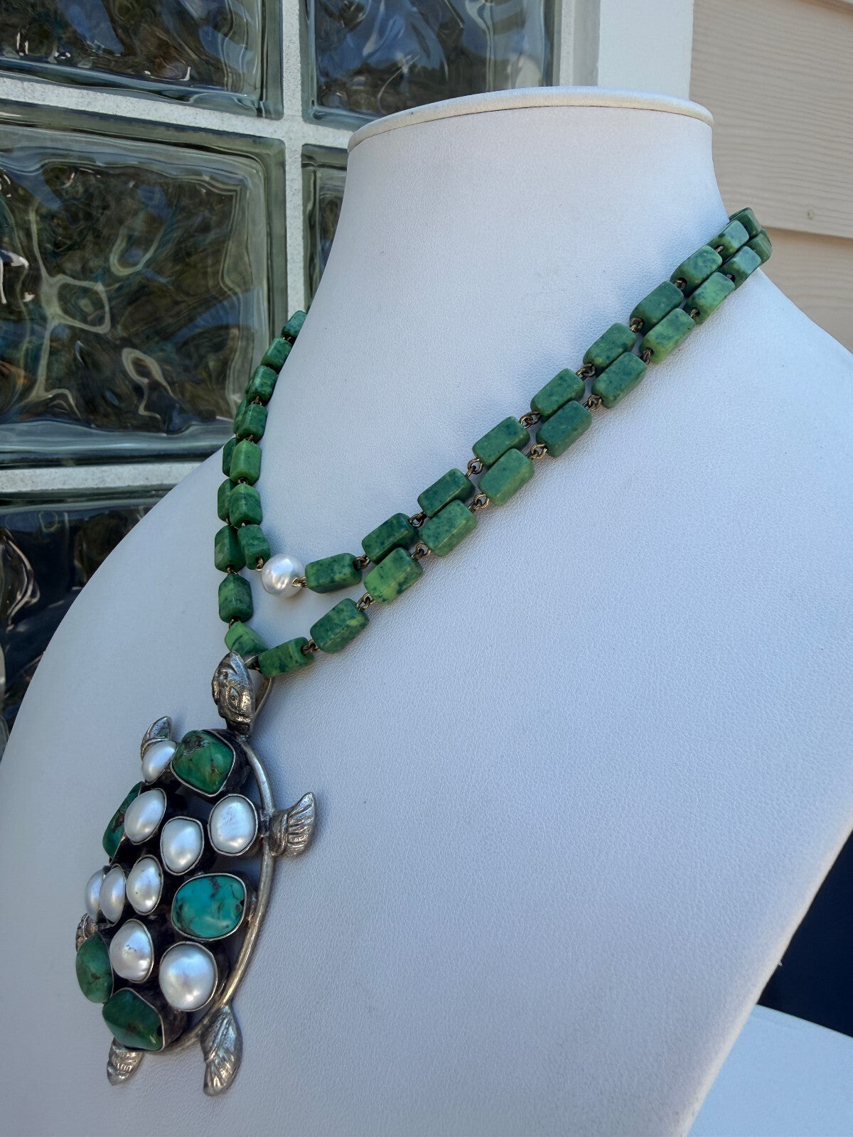 Green Turquoise  Pearl Turtle Pendant | Pearl & Nephrite Jade Necklace.