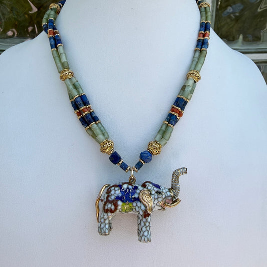 Vintage Cloisonné Elephant. Handmade Necklace, Green Onyx Lapis Lazuli.