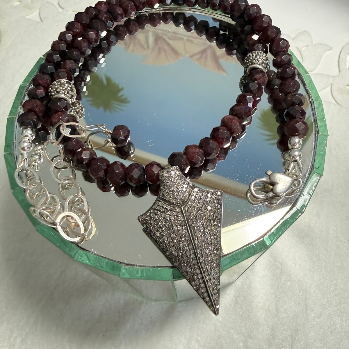 Pavé Diamond Arrowhead Pendent. Garnet  and Sterling  Necklace. One of a Kind.