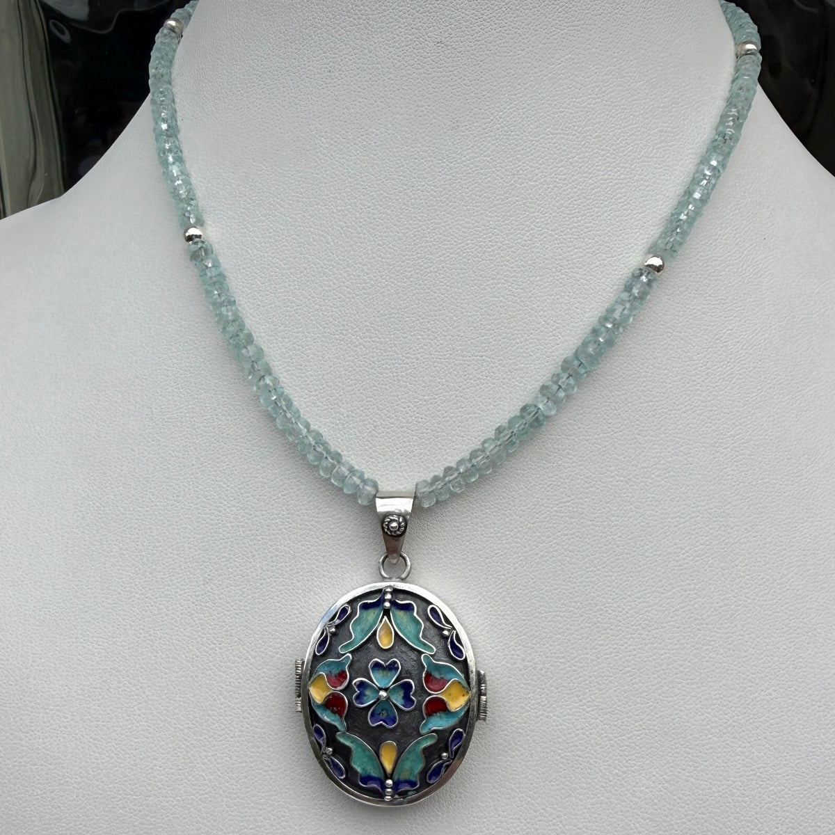 Vintage Sterling Silver Enamel Painted Locket. Handmade Aquamarine Necklace.