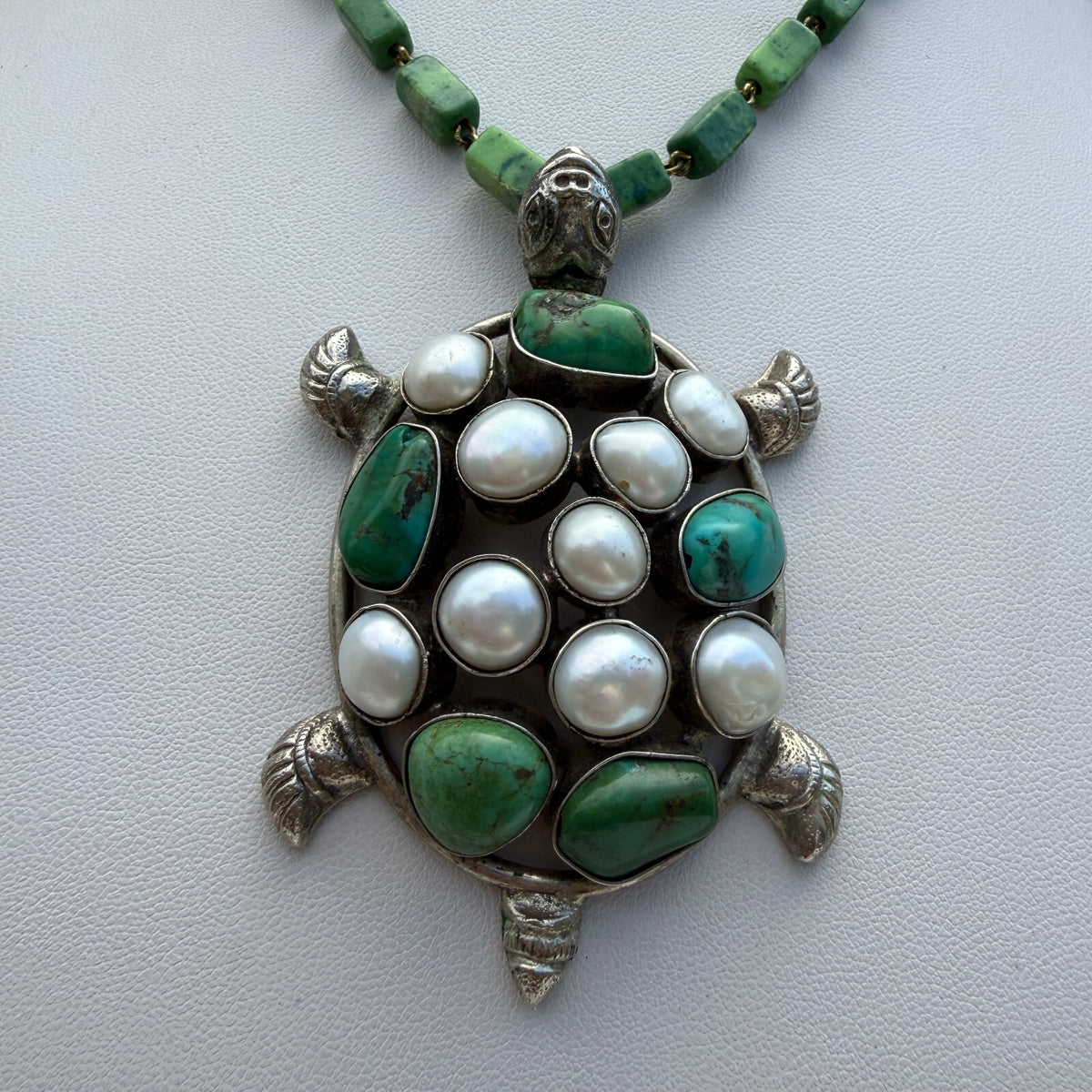 Green Turquoise  Pearl Turtle Pendant | Pearl & Nephrite Jade Necklace.