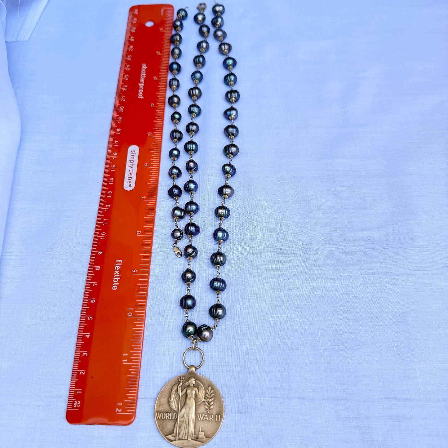 Vintage WWII Victory Medal Pendant. Handmade Peacock Freshwater Pearls Necklace.