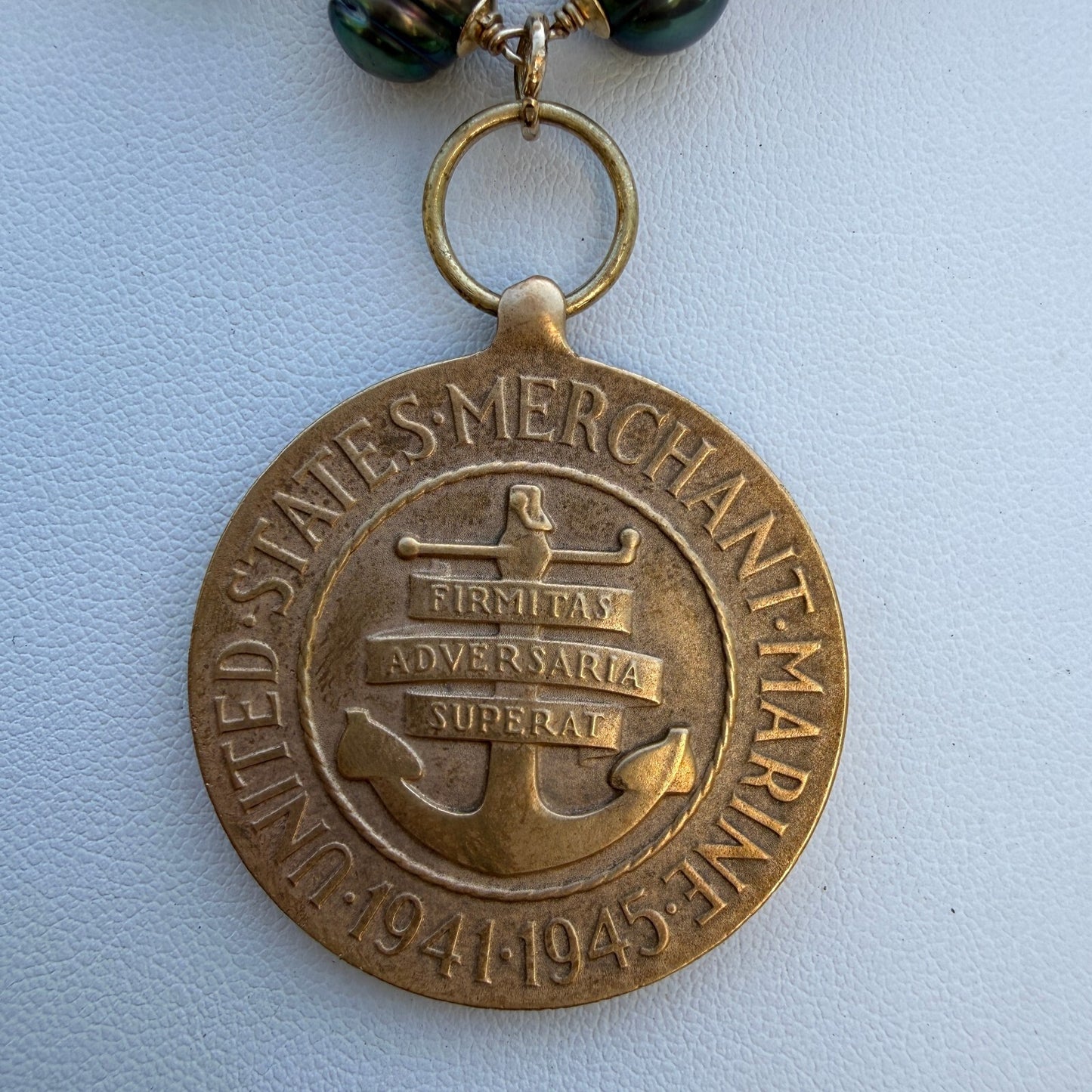 Vintage WWII Victory Medal Pendant. Handmade Peacock Freshwater Pearls Necklace.