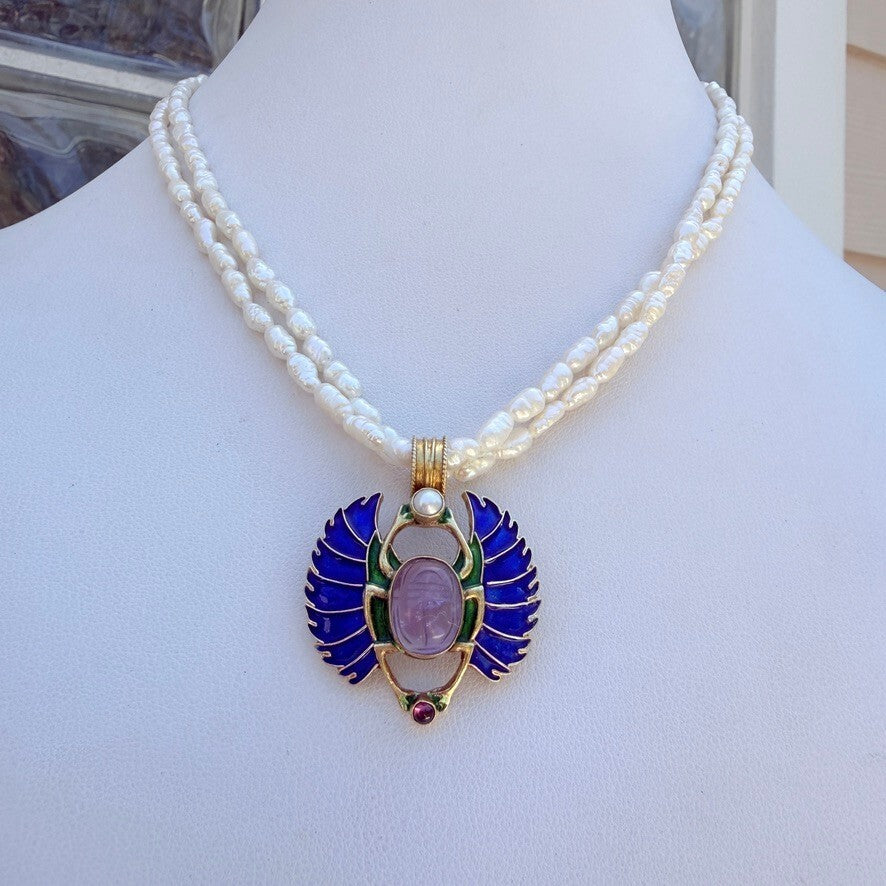 Egyptian Revival Scarab Necklace, Gold Vermeil 925, Enamel, Amethyst and Pearl.