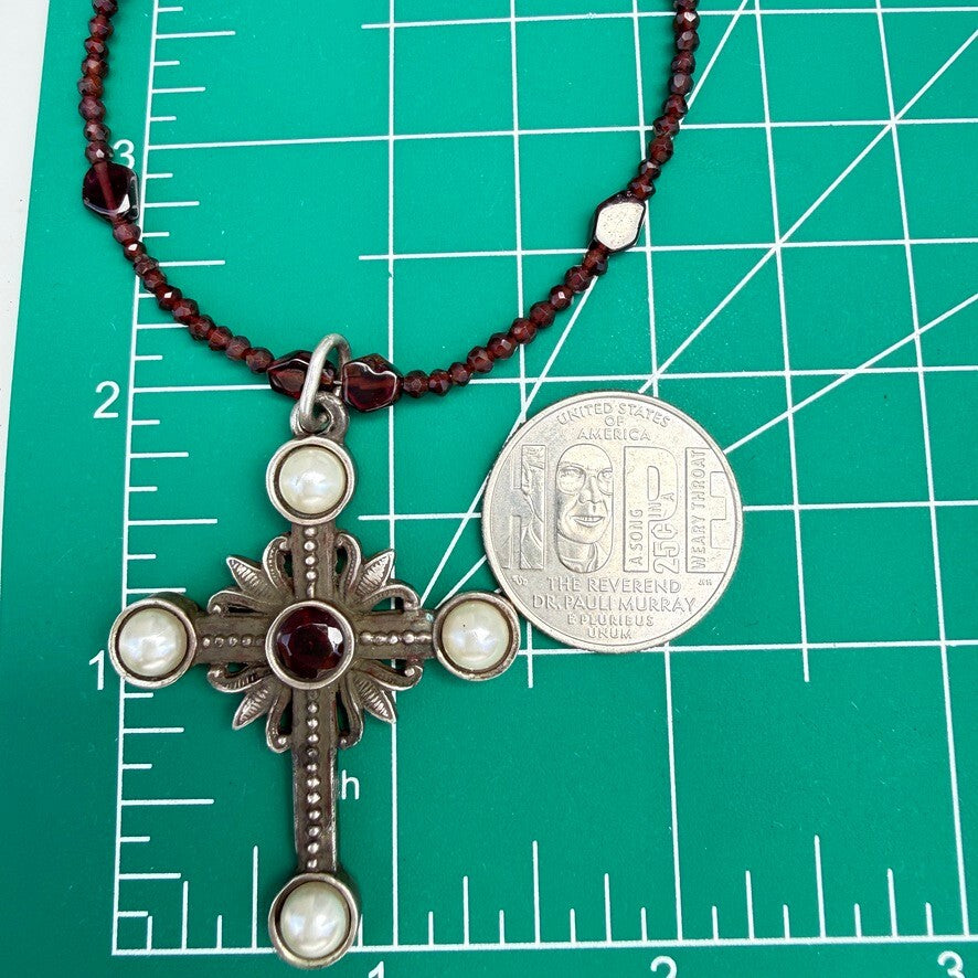 Vintage Austro-Hungarian Sterling Silver Garnet Cross Necklace.