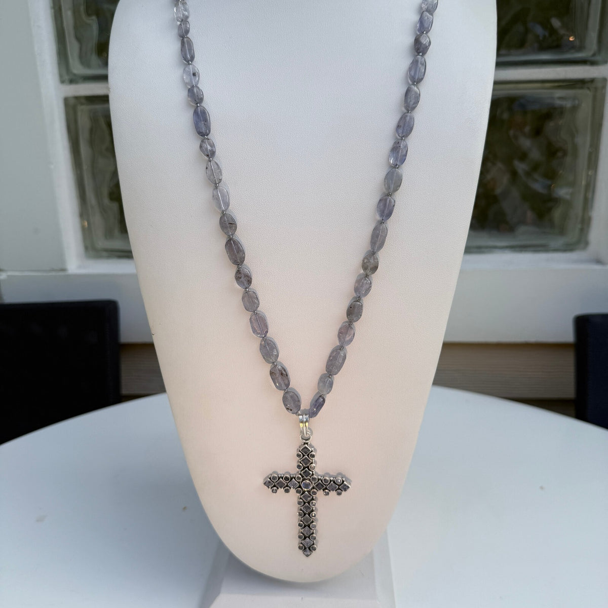 Natural Tanzanite Necklace. Sterling Silver Cross. Lavender Crystal Cross. OOAK