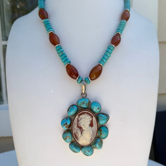 Cameo. Turquoise Handmade Necklace with Carnelian Agate. Silver Tone.