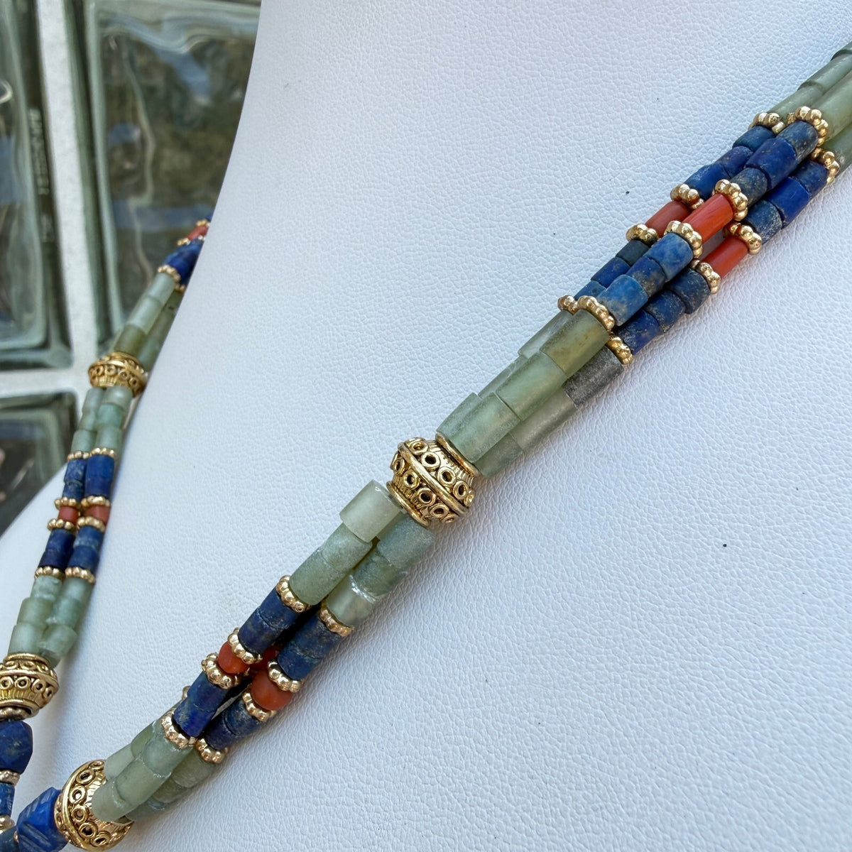 Vintage Cloisonné Elephant. Handmade Necklace, Green Onyx Lapis Lazuli.