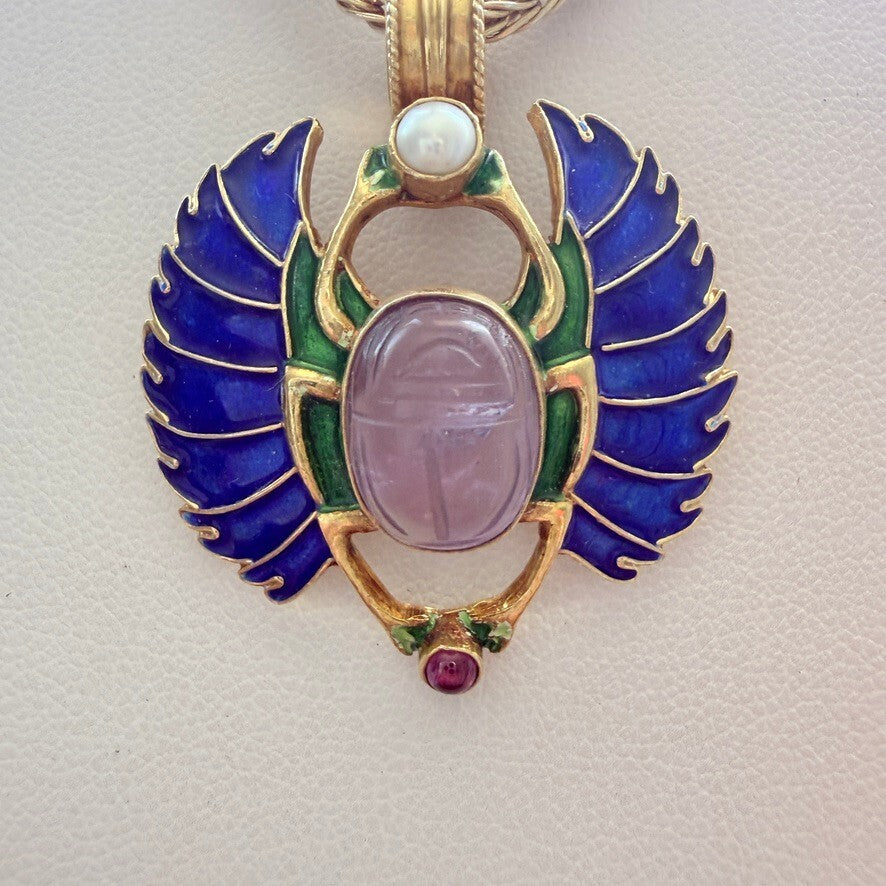 Egyptian Revival Scarab Necklace, Gold Vermeil 925, Enamel, Amethyst and Pearl.