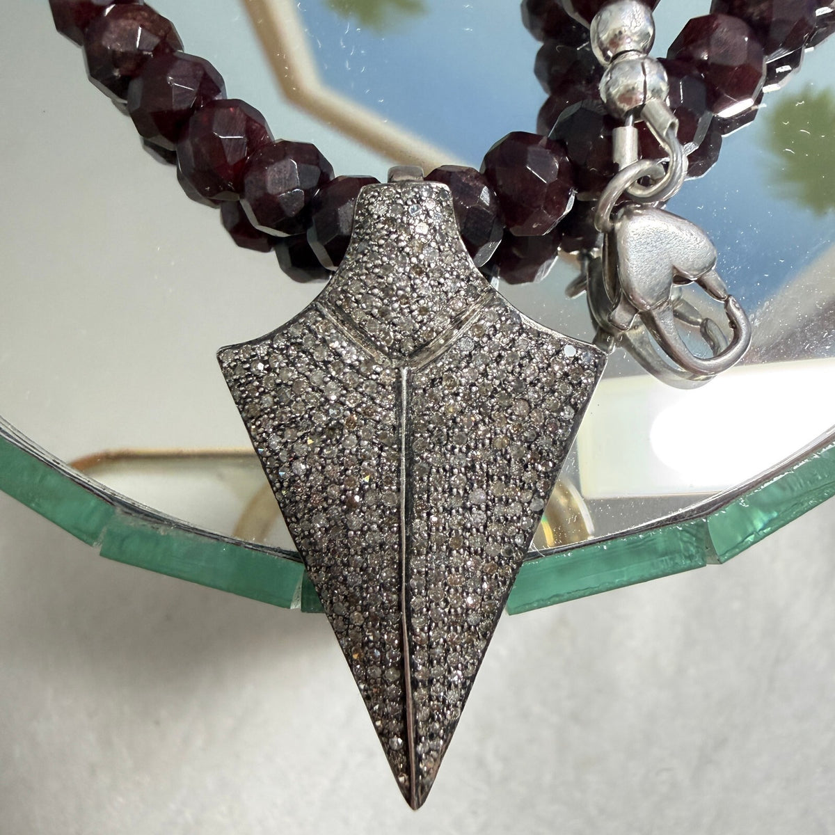 Pavé Diamond Arrowhead Pendent. Garnet  and Sterling  Necklace. One of a Kind.