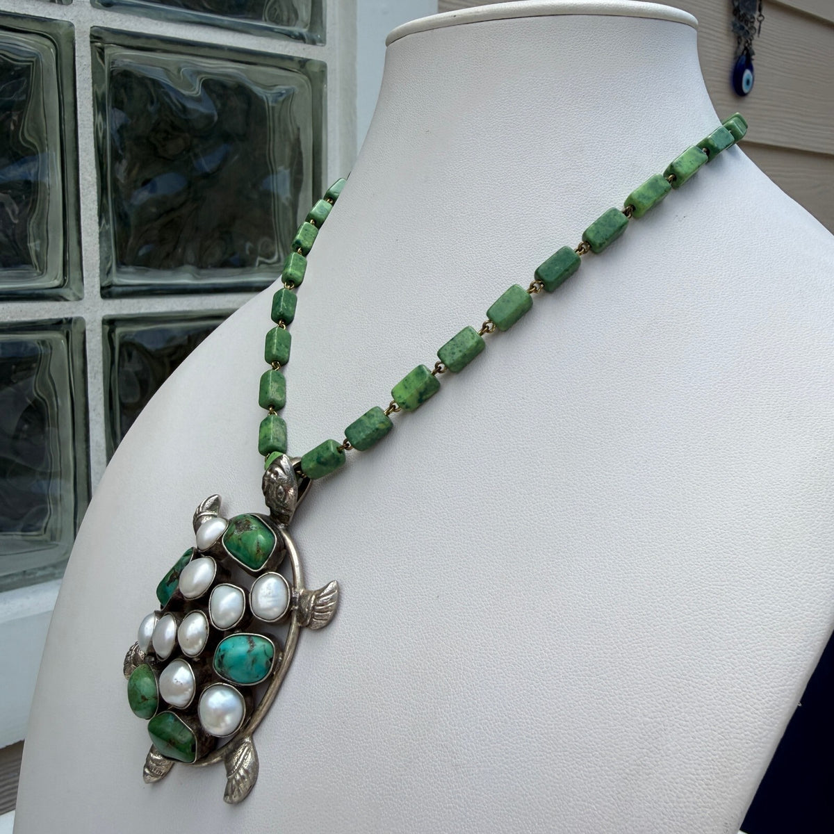 Green Turquoise  Pearl Turtle Pendant | Pearl & Nephrite Jade Necklace.