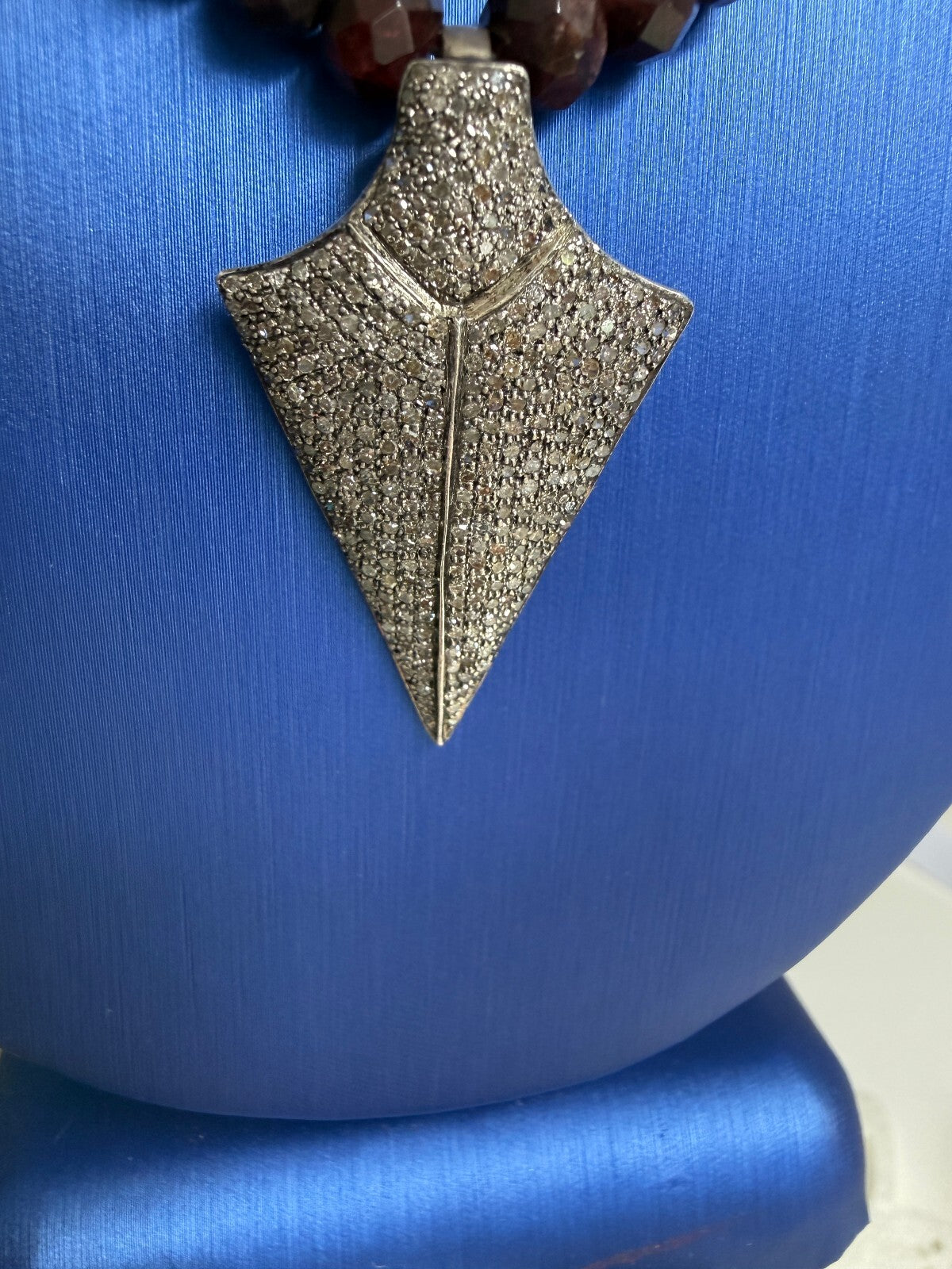 Pavé Diamond Arrowhead Pendent. Garnet  and Sterling  Necklace. One of a Kind.