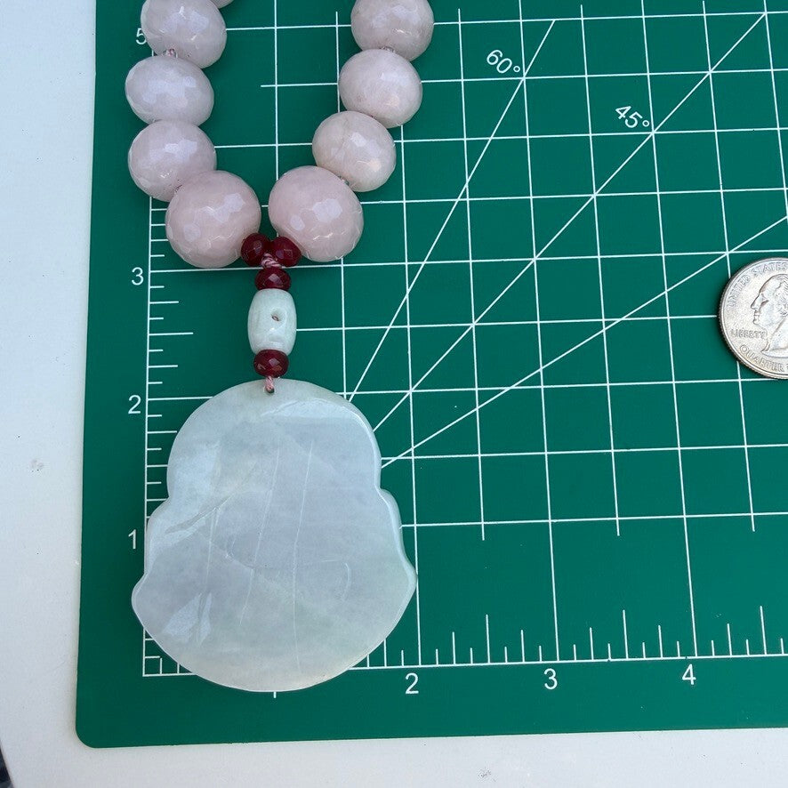 Rose Quartz, Pale Green Vintage Jade Laughing Buddha Handmade Necklace.